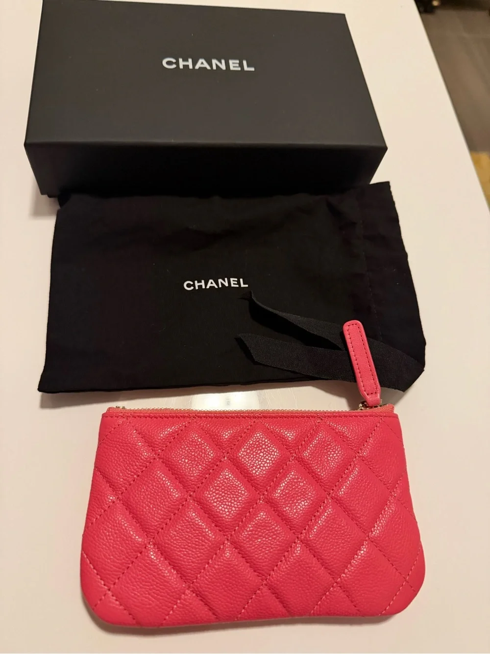 CHANEL Quilted Hot Pink Caviar Leather Zip Coin Pouch with Gold CC